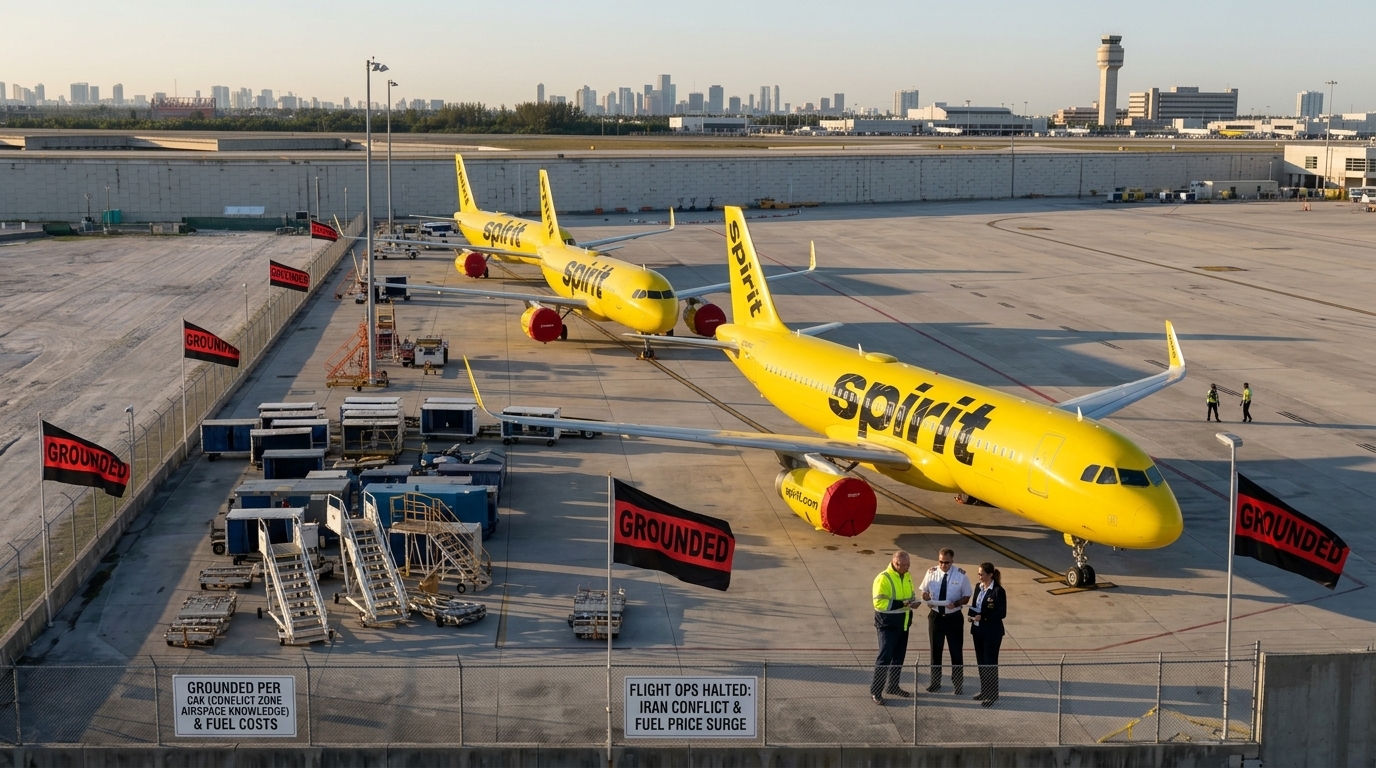 Spirit Airlines aircraft on the tarmac during the global fuel crisis.