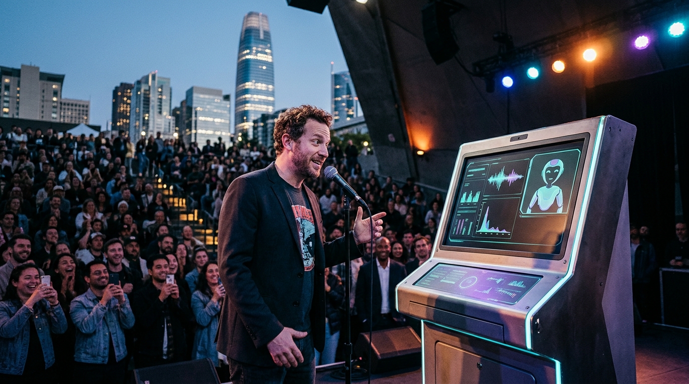 A rapper and an AI screen facing off in a San Francisco roast battle.