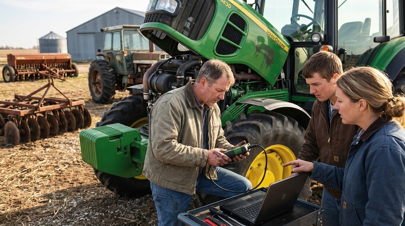 A John Deere tractor in a field representing the right to repair movement and FTC settlement.