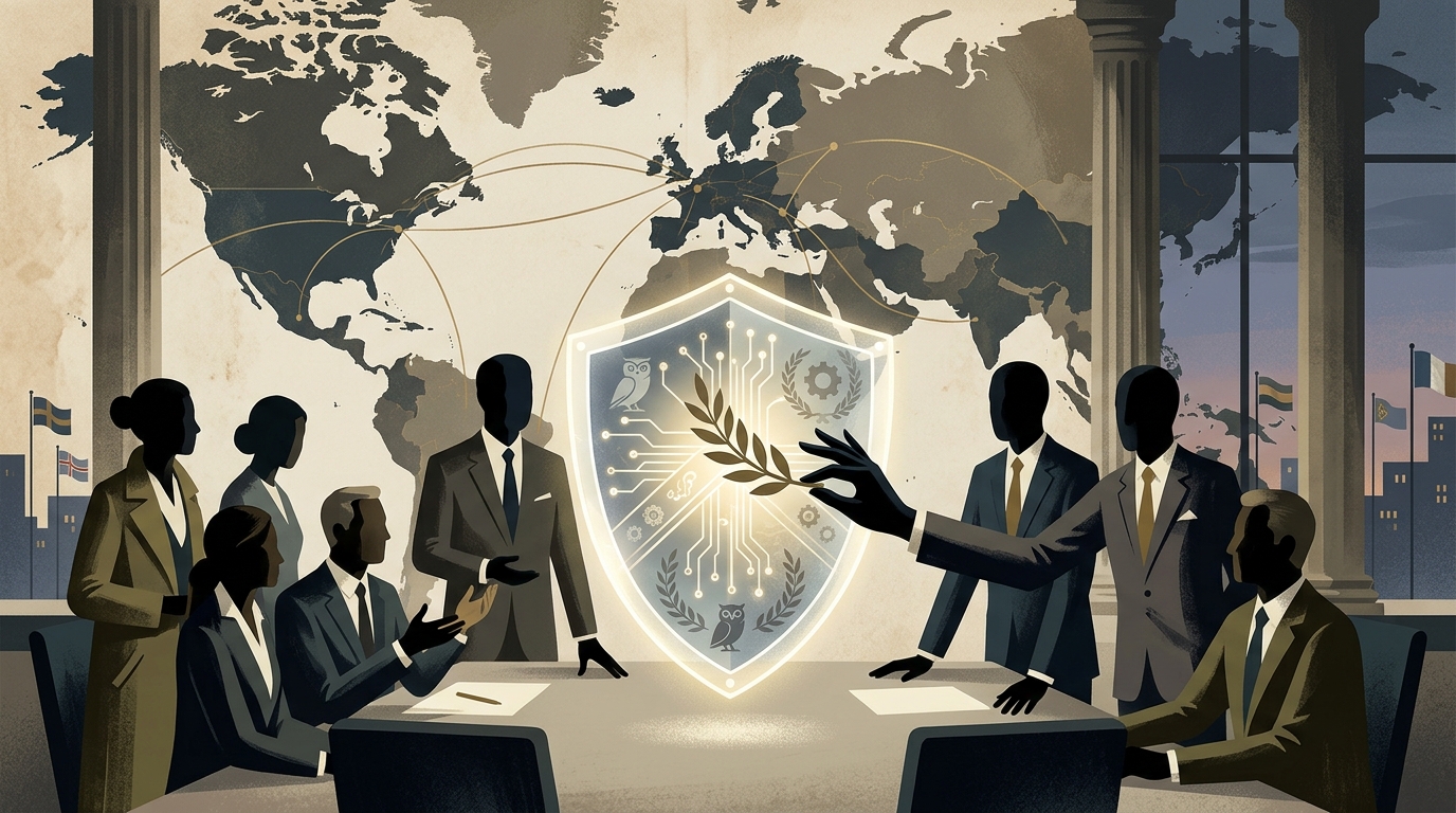 Digital shield representing AI ethics and global security in a geopolitical context.