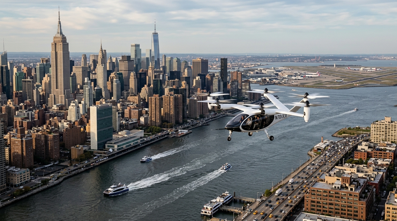 Joby Aviation electric eVTOL air taxi flying over New York City skyline.