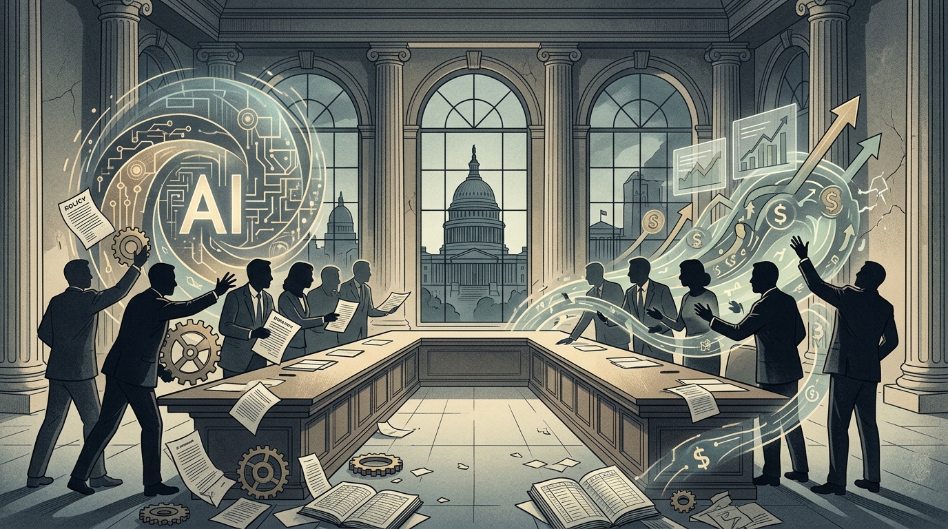 The Federal Reserve building with digital artificial intelligence overlays