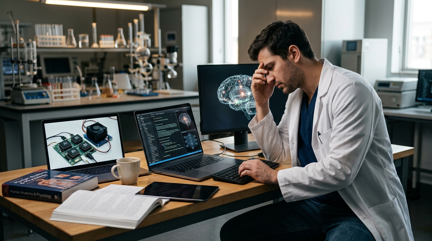 Medical student using generative AI on a tablet for clinical studies.