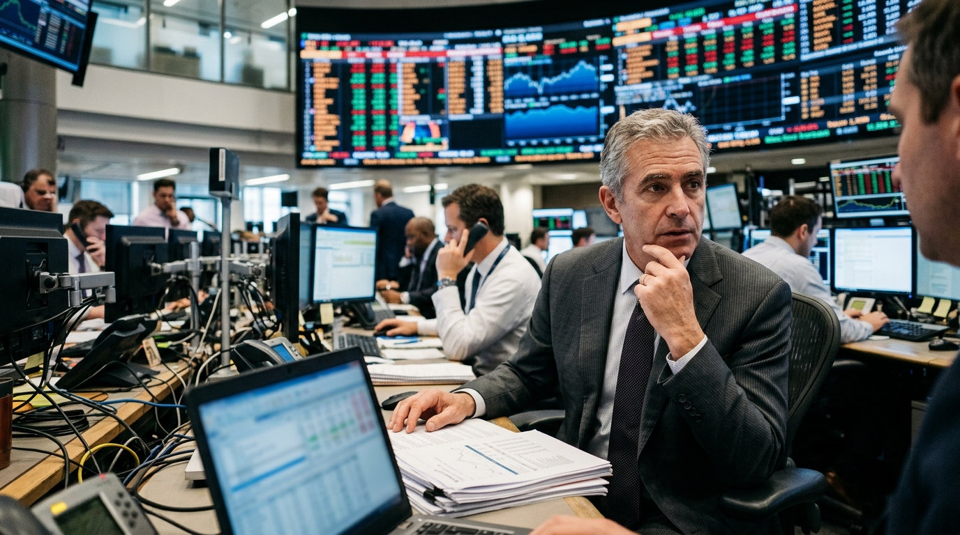 Banking executive analyzing AI data on a digital screen for compliance.