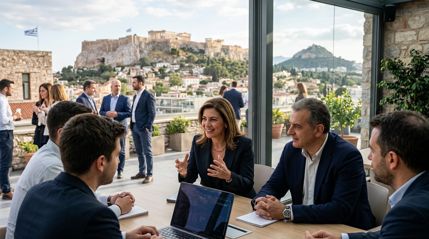 Business professionals reviewing the SEV roadmap for AI integration in Greek enterprises.