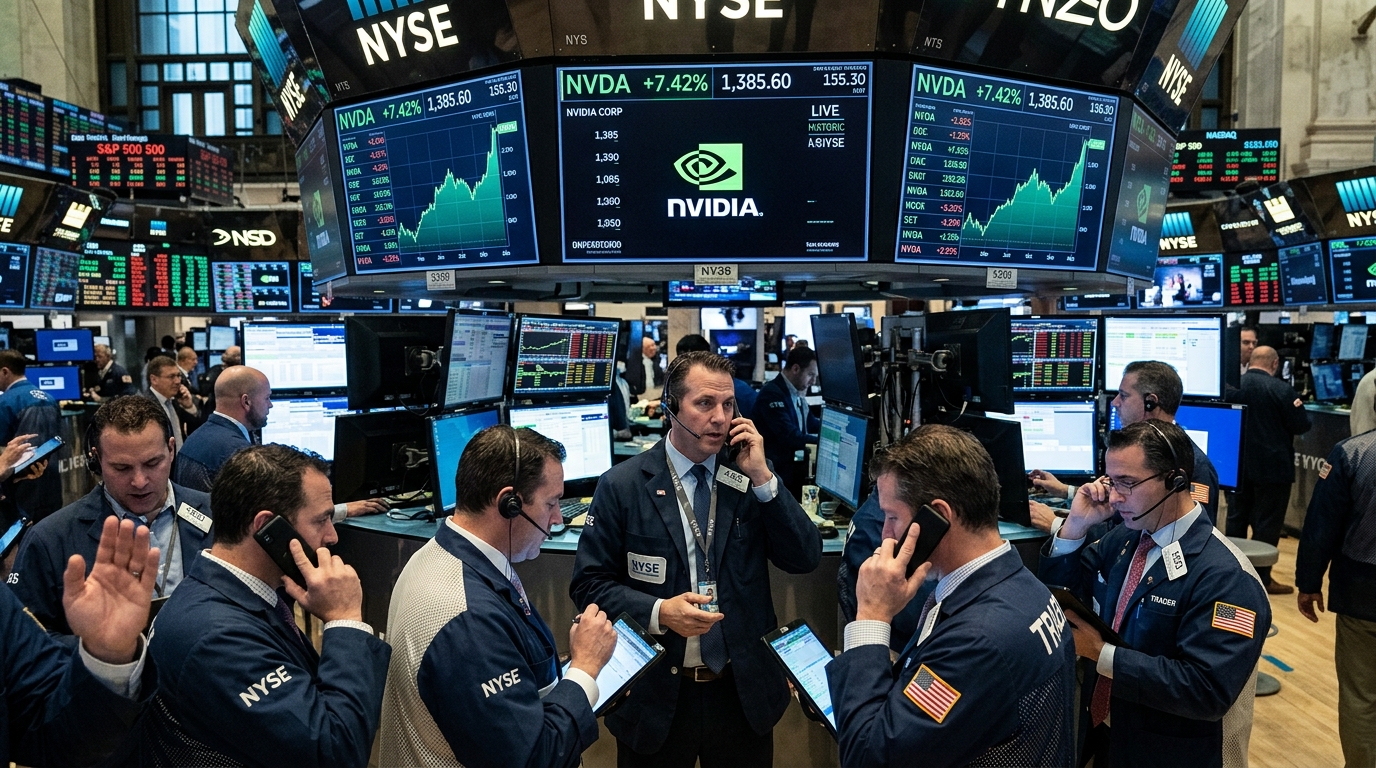 Digital representation of semiconductors and Nvidia logo over stock market data charts.
