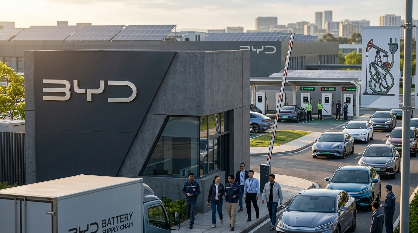 A BYD electric vehicle at a charging station, representing the global shift to EVs.