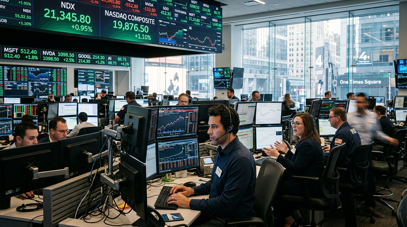 Nasdaq stock market chart showing growth driven by artificial intelligence companies in 2026.
