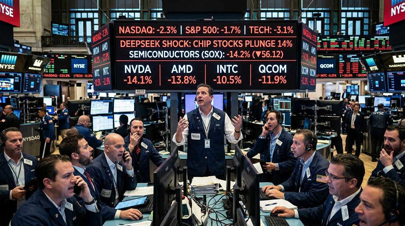 Γράφημα πτώσης μετοχών AI και το λογότυπο της DeepSeek.