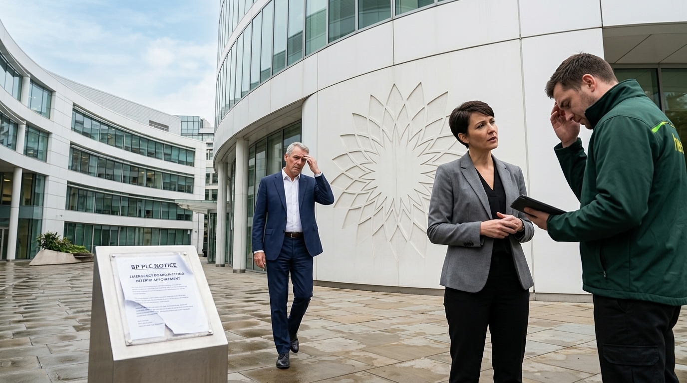 The BP logo on an office building exterior, representing corporate governance and leadership news.
