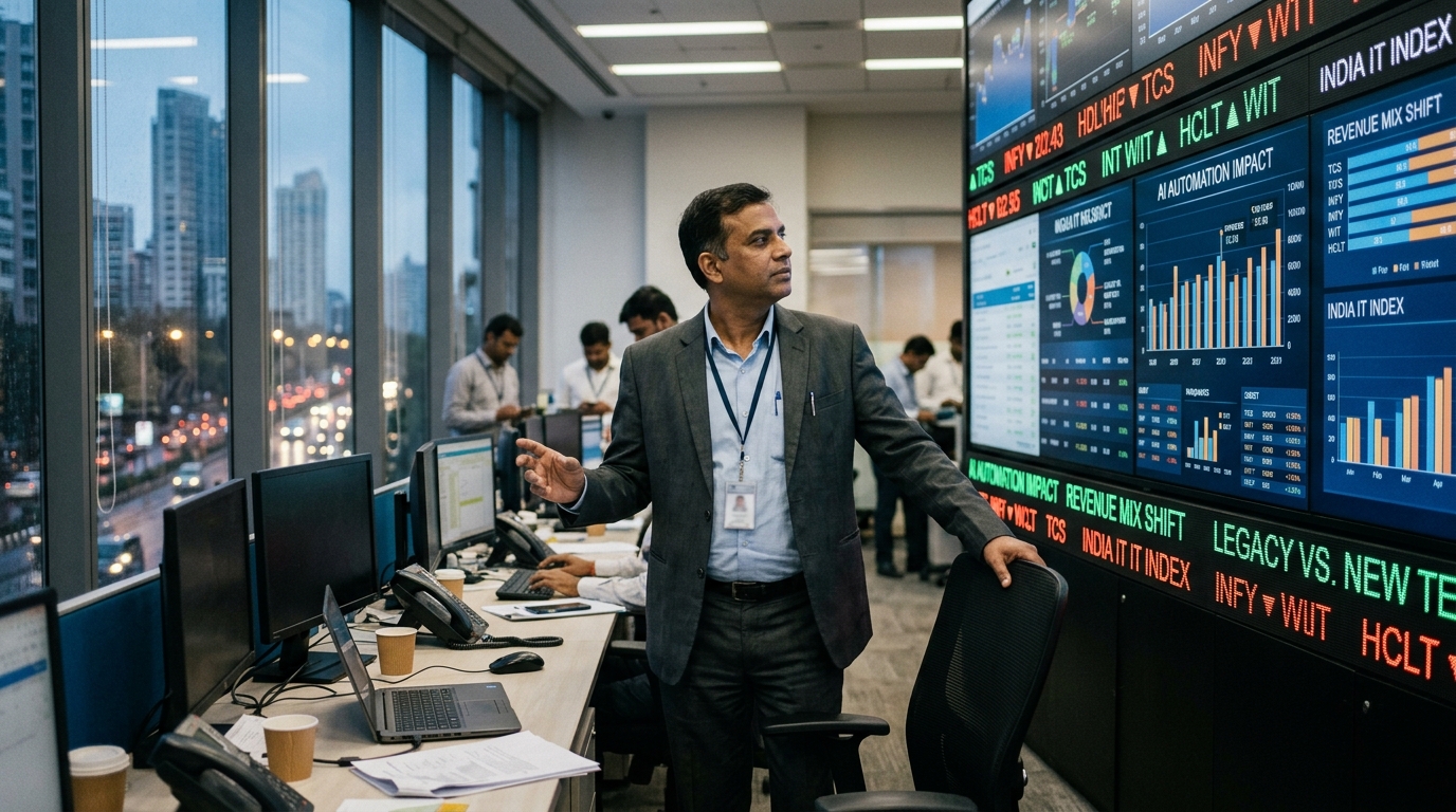 Modern office building in India with digital AI overlays