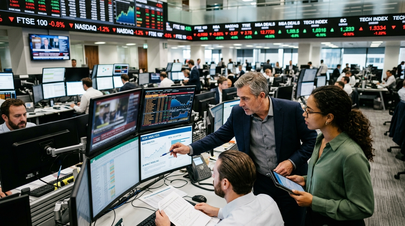 Digital representation of AI model testing during a corporate merger and acquisition process.