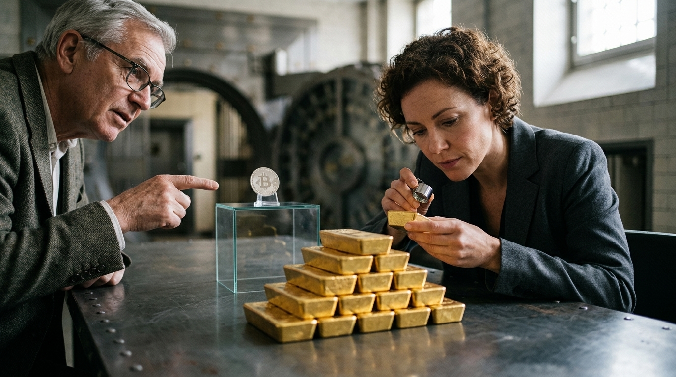 Digital illustration comparing Bitcoin and gold bars for investment analysis.