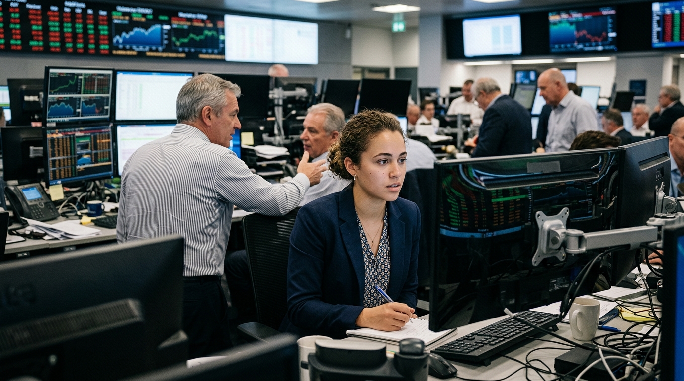Young professional looking at digital AI interface representing the modern job market.