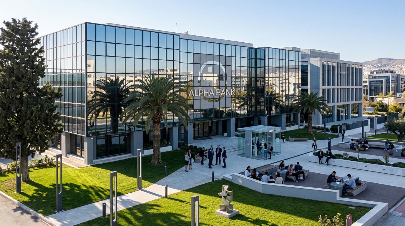 Το νέο Alpha Bank Campus στην Αθήνα με σύγχρονο αρχιτεκτονικό σχεδιασμό και ψηφιακές υποδομές.