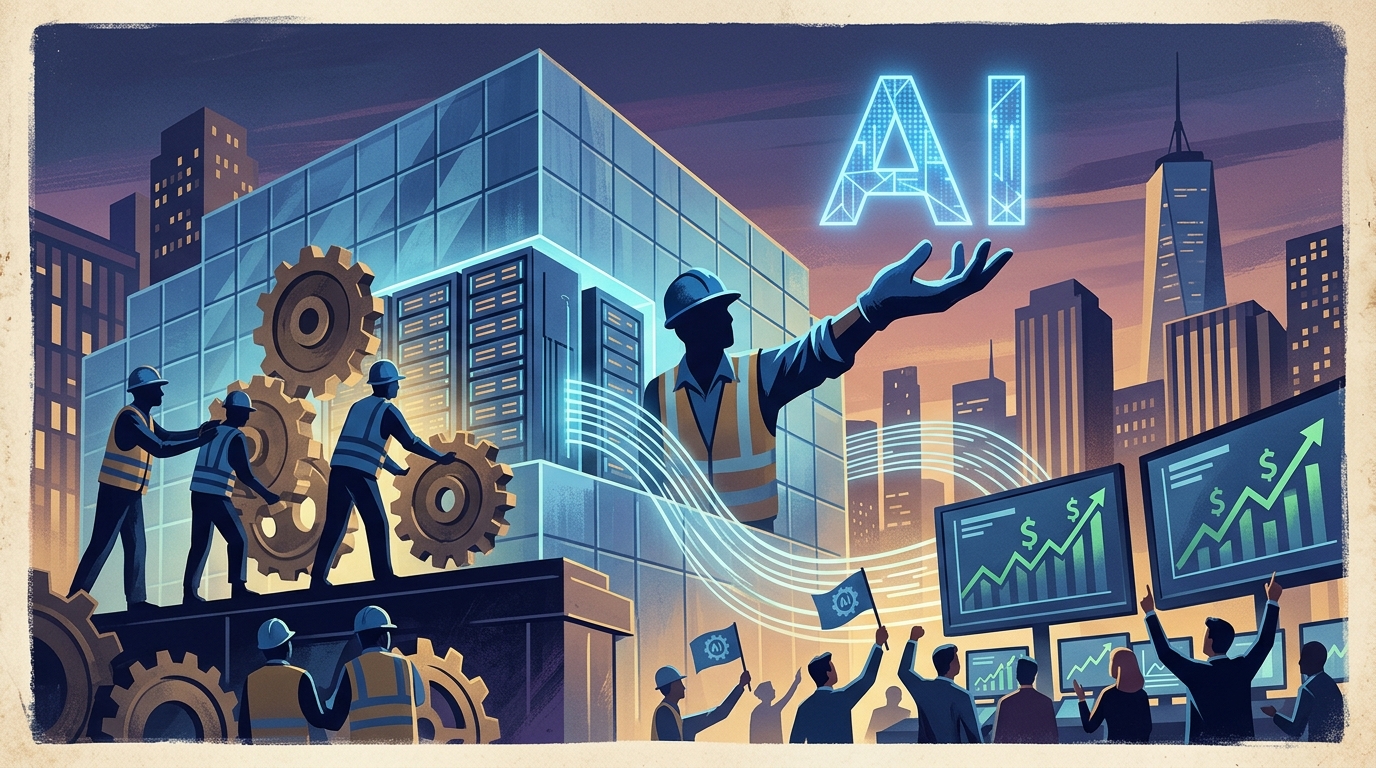 Construction workers building a modern AI Data Center facility.