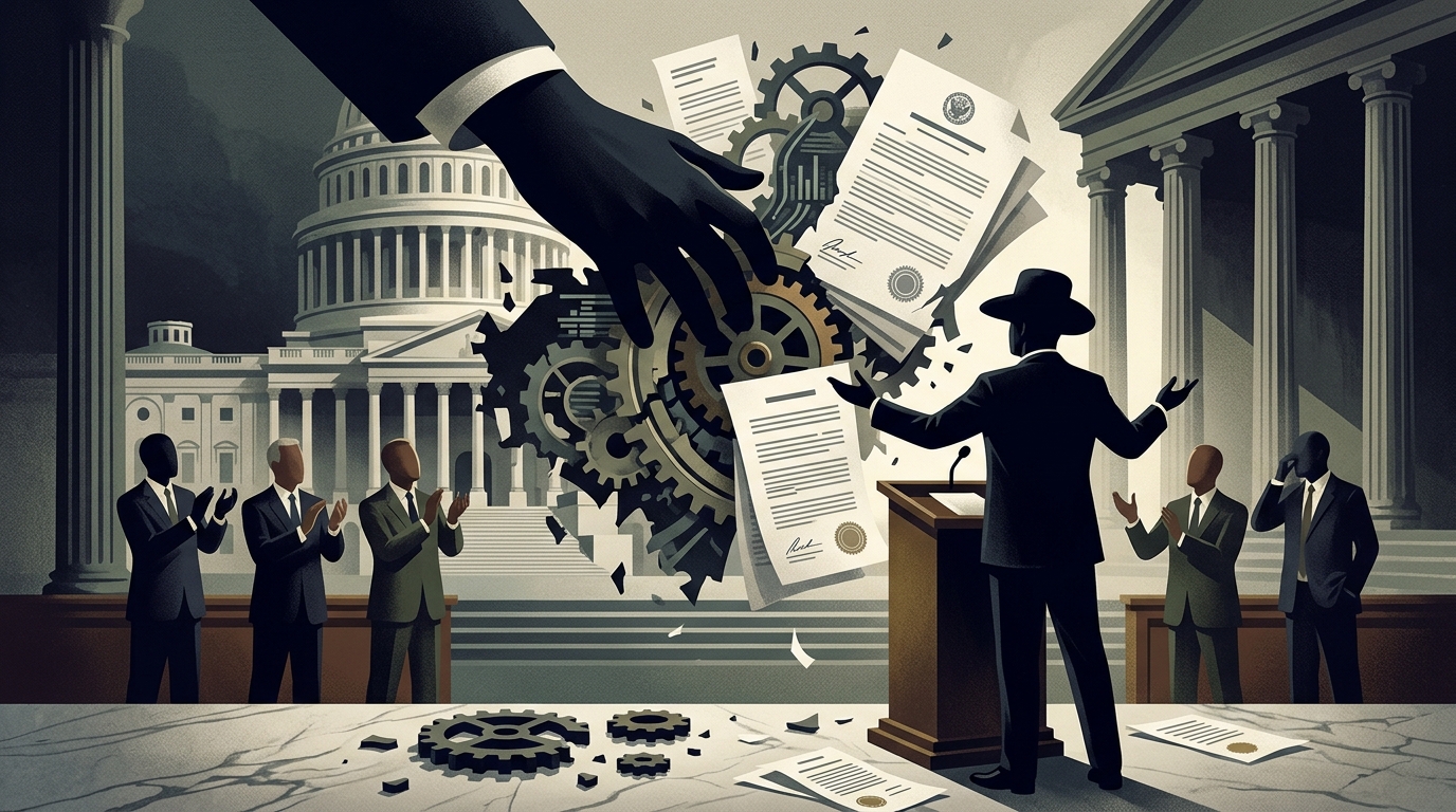 Donald Trump and AI symbol with Wall Street background representing deregulation.