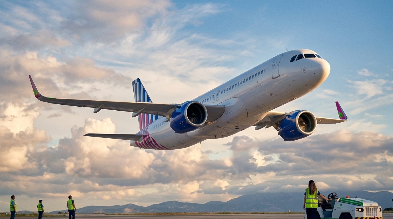 Αεροσκάφος της SKY express που αντιπροσωπεύει τη βιώσιμη αεροπορία και την πράσινη ανάπτυξη.