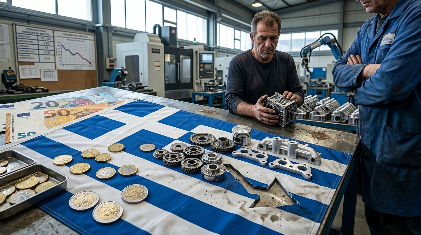 Γράφημα που δείχνει την πτώση του δείκτη PMI στην ελληνική μεταποίηση λόγω γεωπολιτικών εντάσεων.