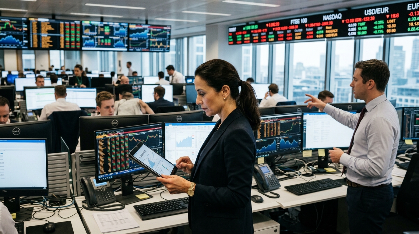Ψηφιακή απεικόνιση CFO που διαχειρίζεται αυτόνομους πράκτορες ΤΝ σε οικονομικό ταμπλό.