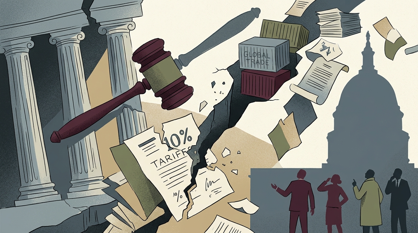 A judicial gavel resting on trade documents regarding the Trump tariffs court ruling.