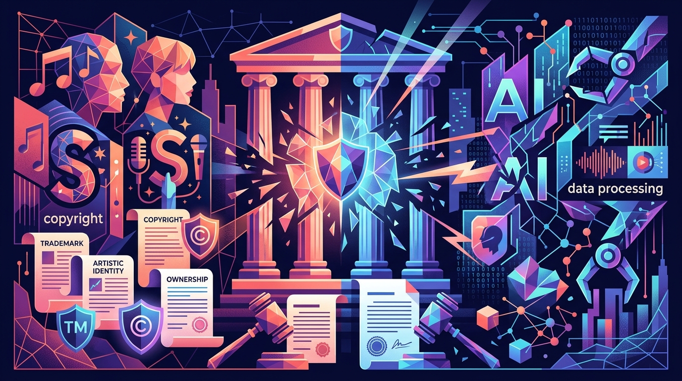 Taylor Swift on stage with digital elements symbolizing protection against AI-generated deepfakes.