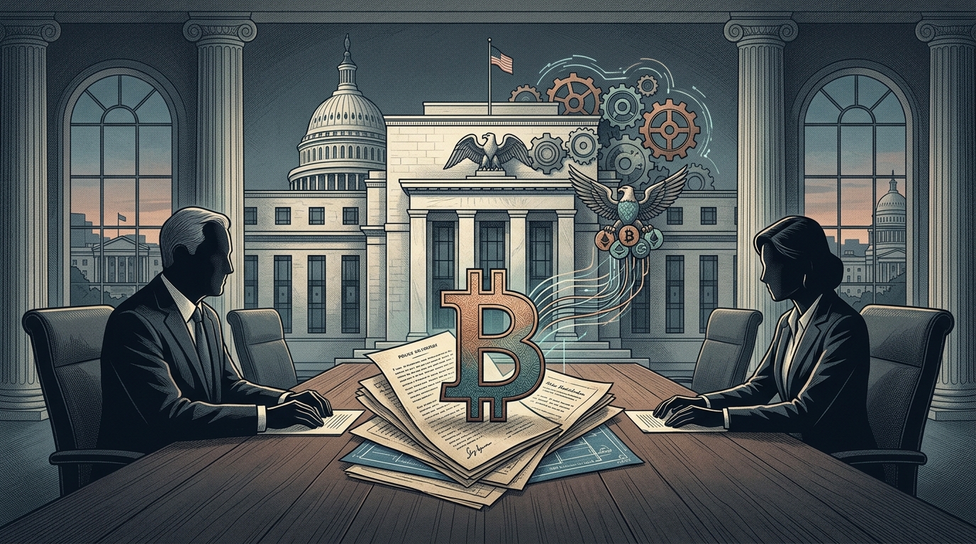 Ψηφιακή απεικόνιση της Federal Reserve με σύμβολα Bitcoin και την αμερικανική σημαία.