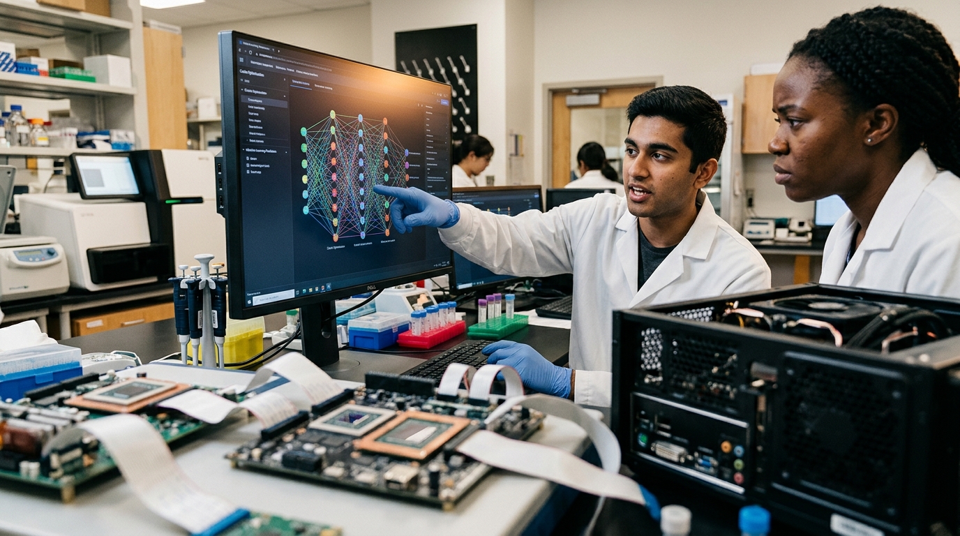 Scientist using machine learning for genetic code expansion in synthetic biology research.