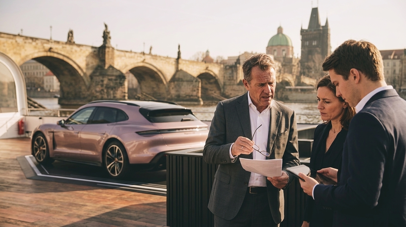 Πολυτελές αυτοκίνητο Porsche σε έκθεση με φόντο την αγορά της Κίνας.