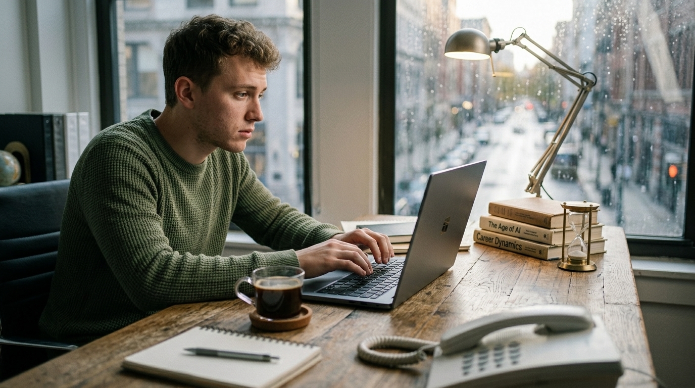 Conceptual illustration of remote work and AI affecting entry-level job opportunities in the labor market.