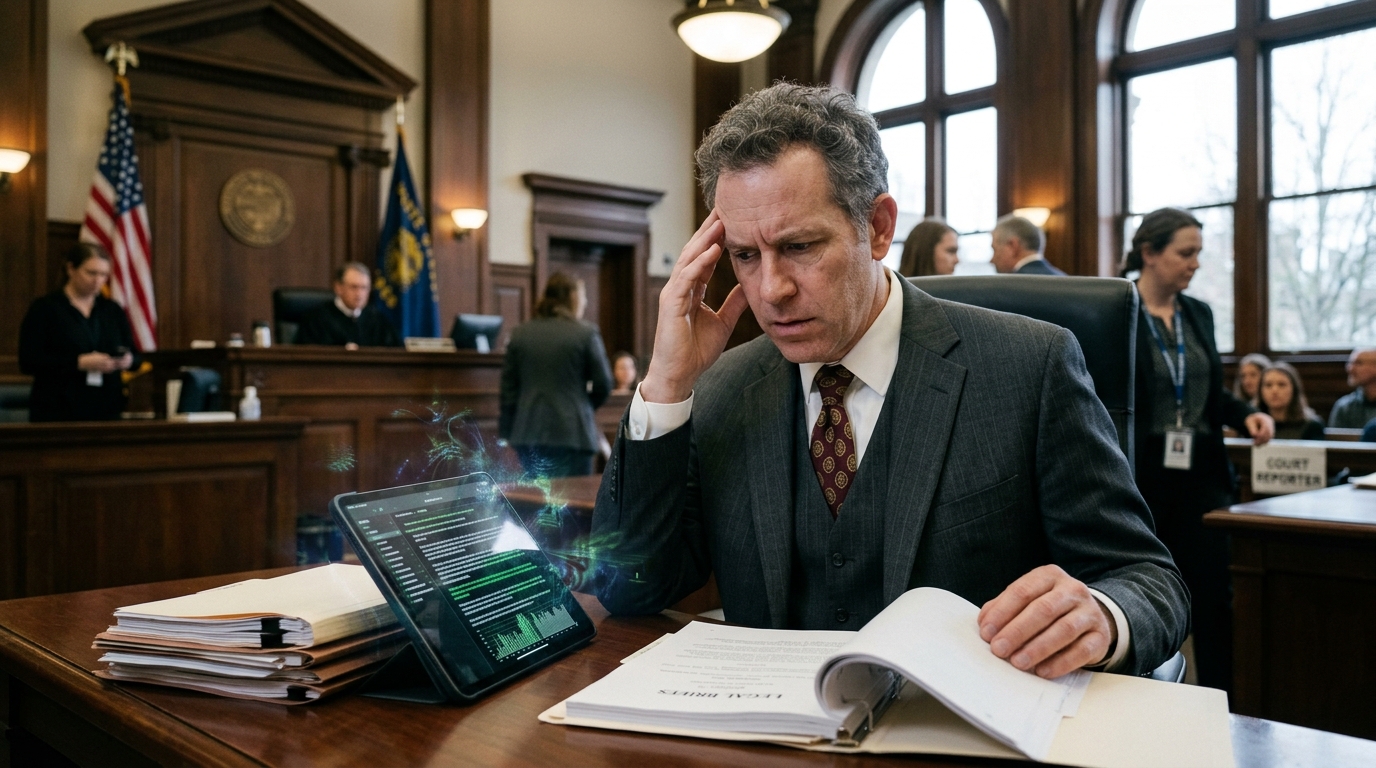 A courtroom setting with digital overlays representing AI-generated legal documents and fabrications.