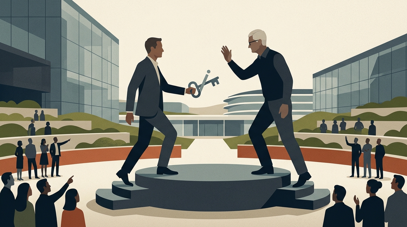 Apple CEO John Ternus and Executive Chairman Tim Cook during a leadership announcement.