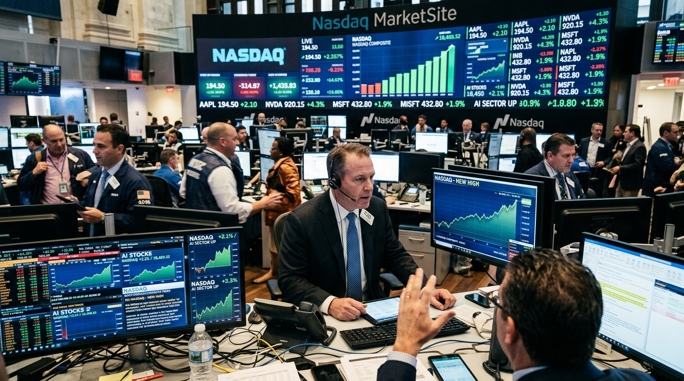 Nasdaq index chart featuring artificial intelligence graphics and tech stock logos for 2026.