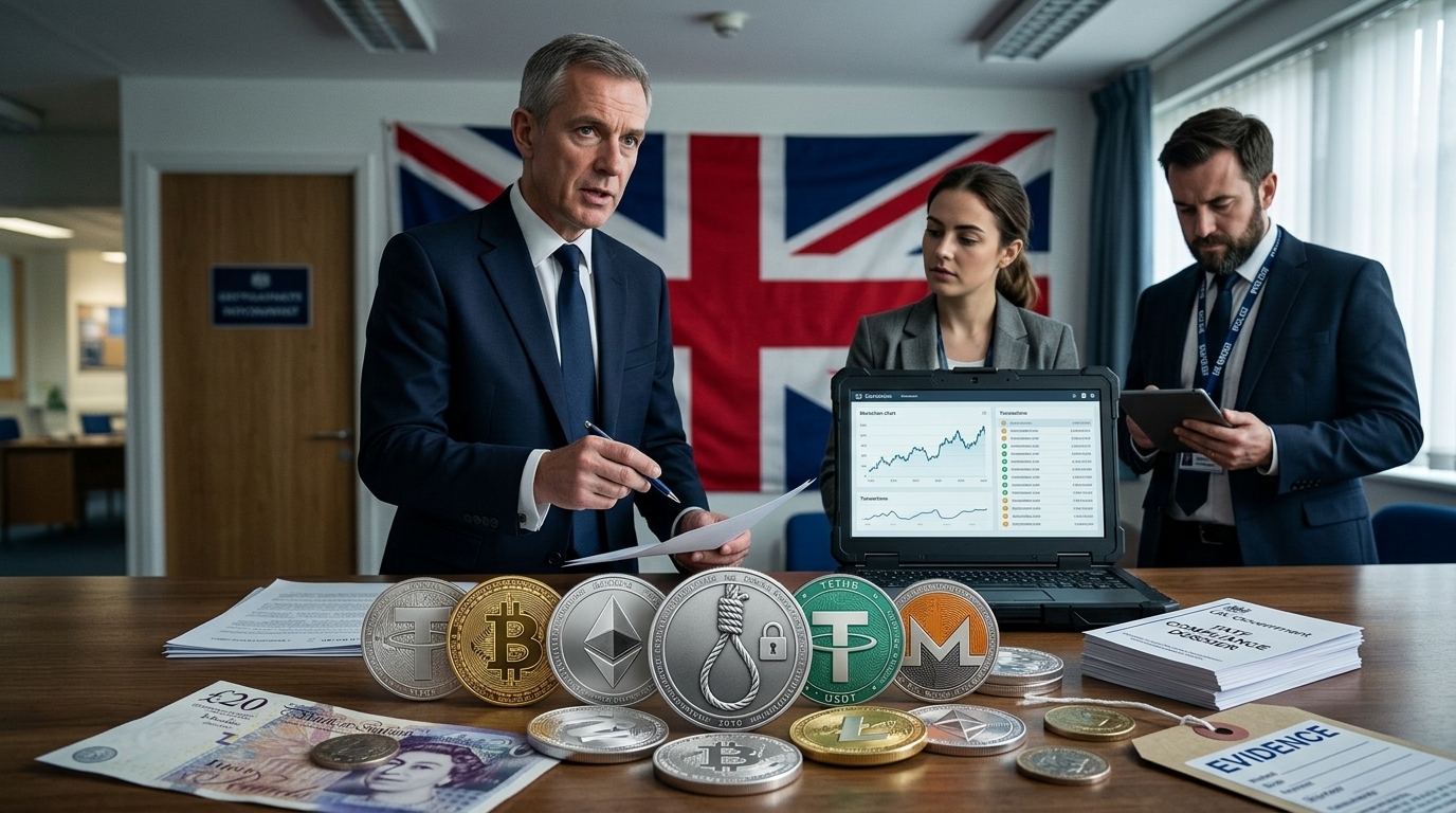 Digital representation of cryptocurrency symbols and flags for new UK sanctions on Russian networks.