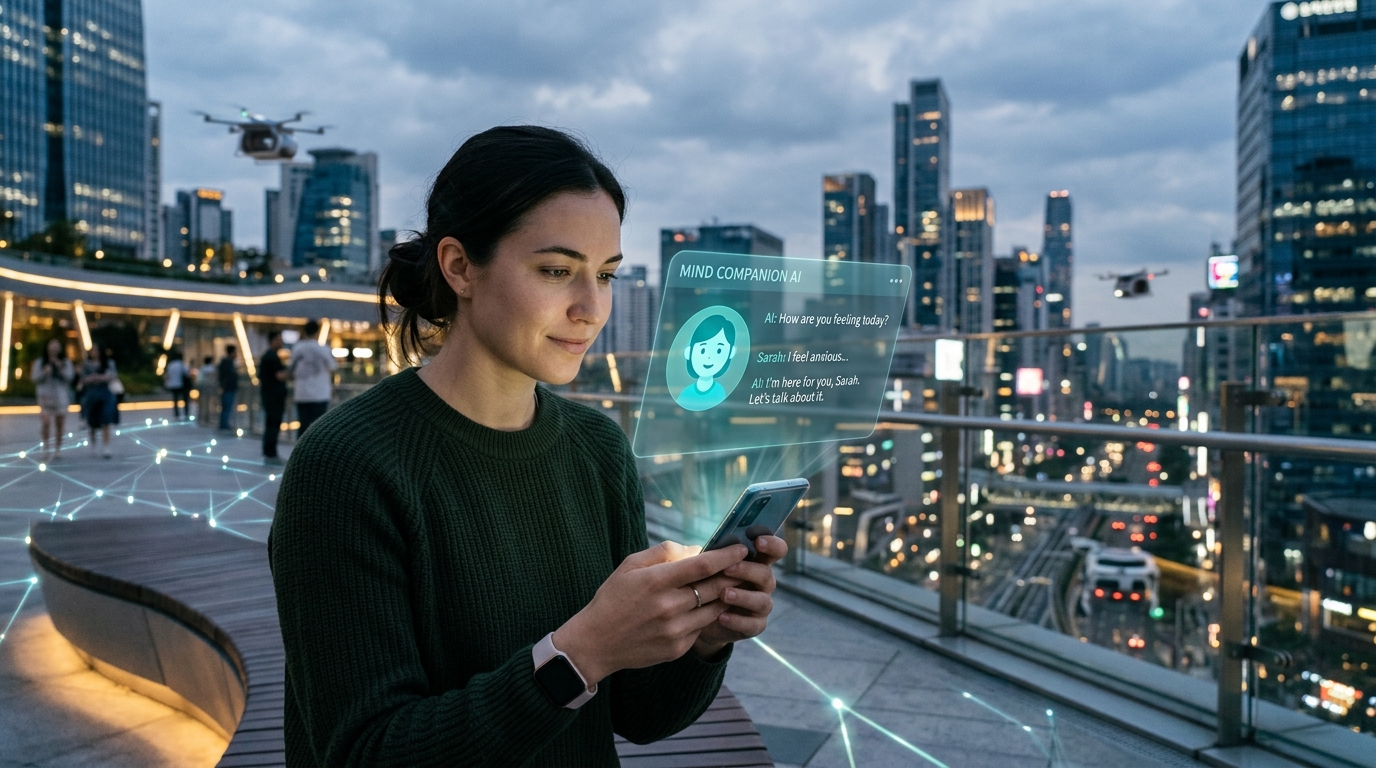 A person using a smartphone app for AI mental health support and digital therapy.
