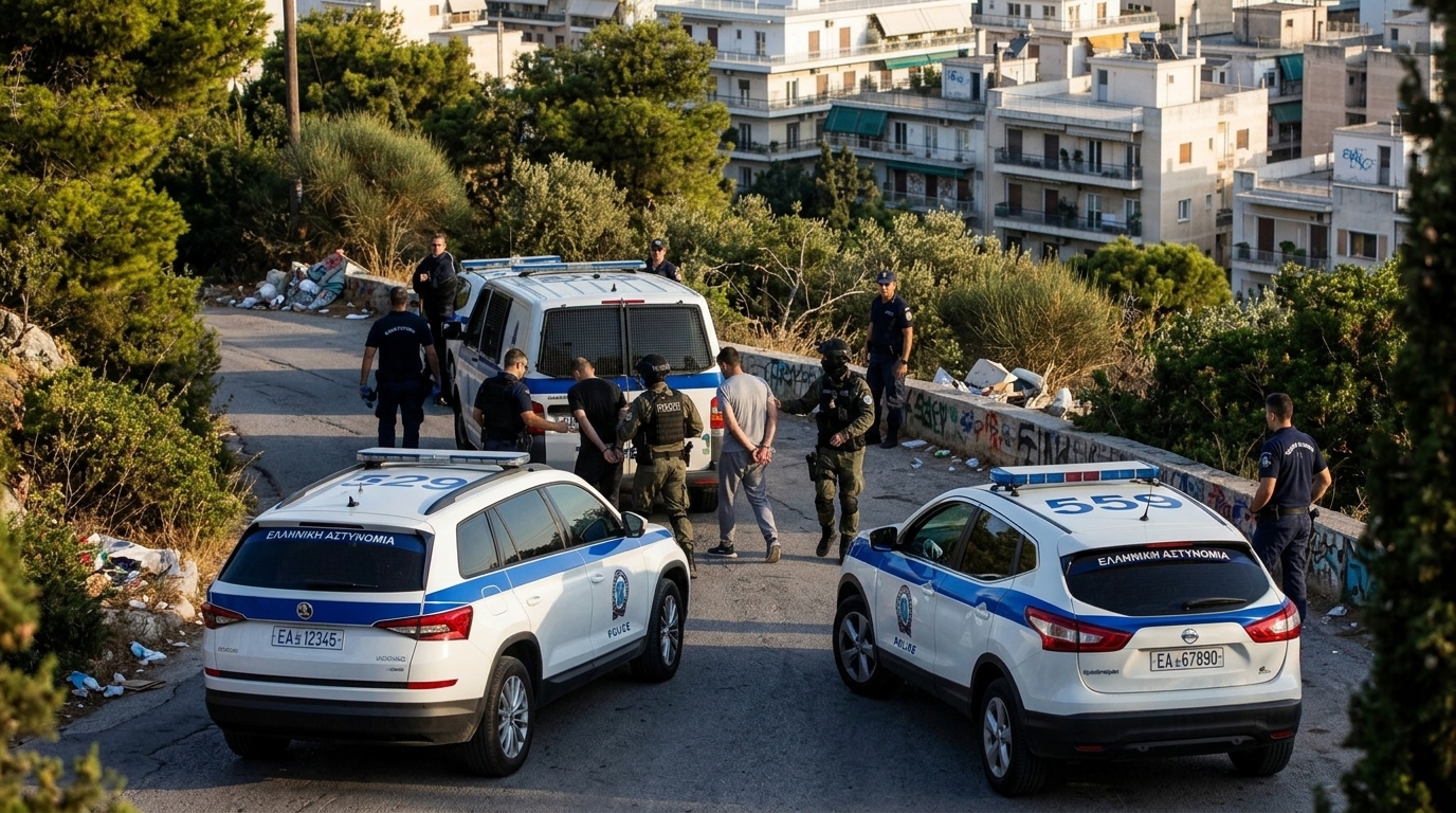 Police operation on Strefi Hill targeting drug trafficking in the Exarchia district.
