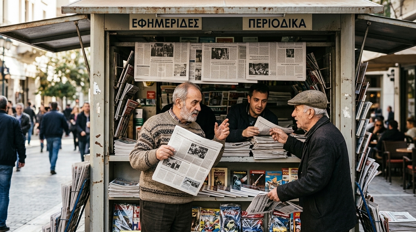 Ψηφιακή απεικόνιση αλγορίθμων και πολιτικών τίτλων για την πολιτική επικαιρότητα στην Ελλάδα.