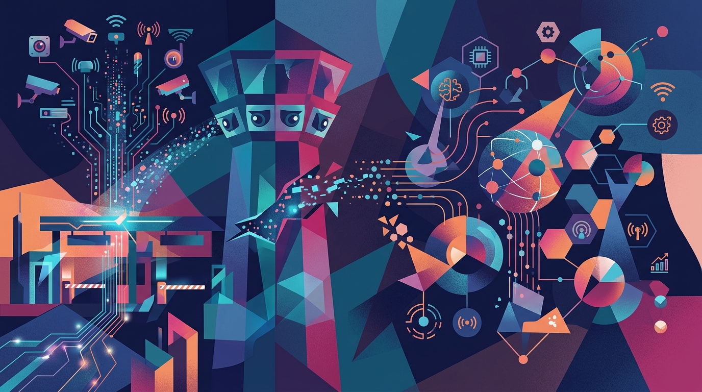 Digital illustration of a biometric facial recognition scan at an airport border crossing.