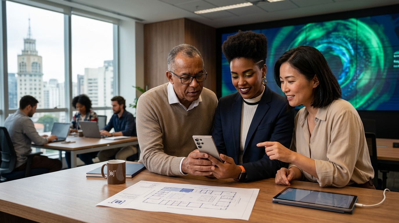 Professional using a Samsung device with Android Enterprise for financial AI tasks at B3 Exchange.