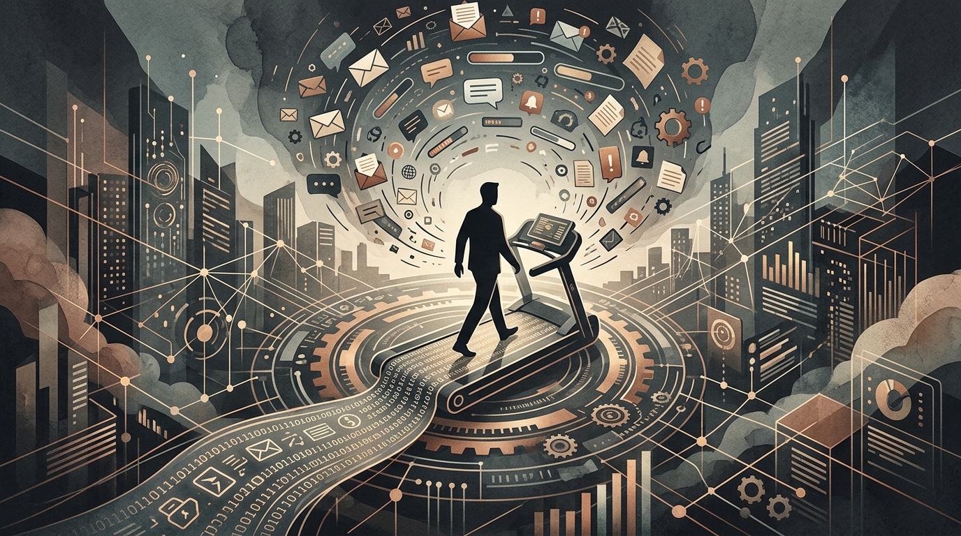 Office worker surrounded by digital icons, illustrating the paradox of digital productivity and busywork.