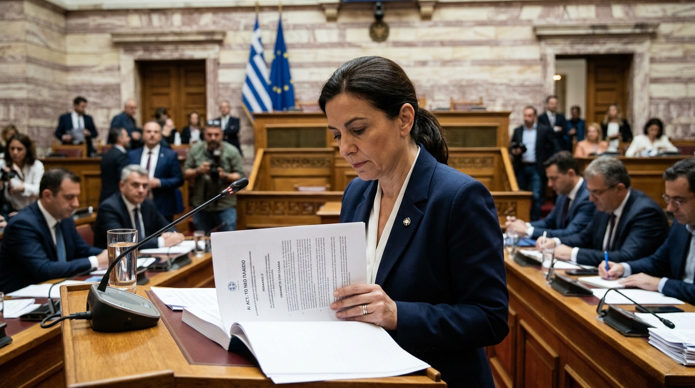 Digital illustration of the EU AI Act and Greek flag representing new artificial intelligence legislation.