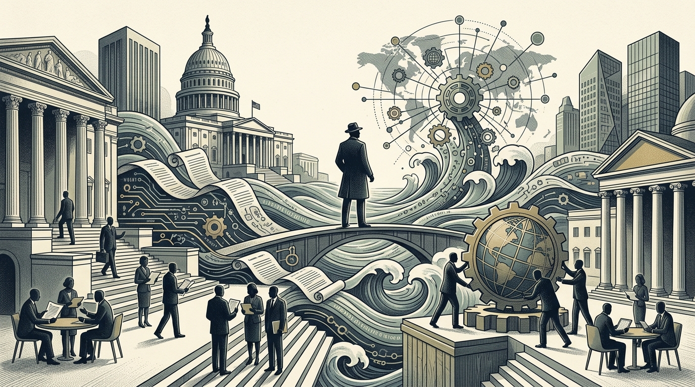 Digital illustration of AI regulation featuring law symbols and technology circuits.