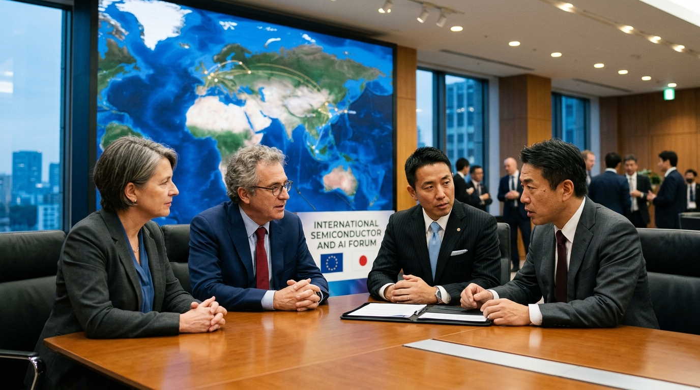 EU and Japan officials signing a deal on semiconductors and AI.
