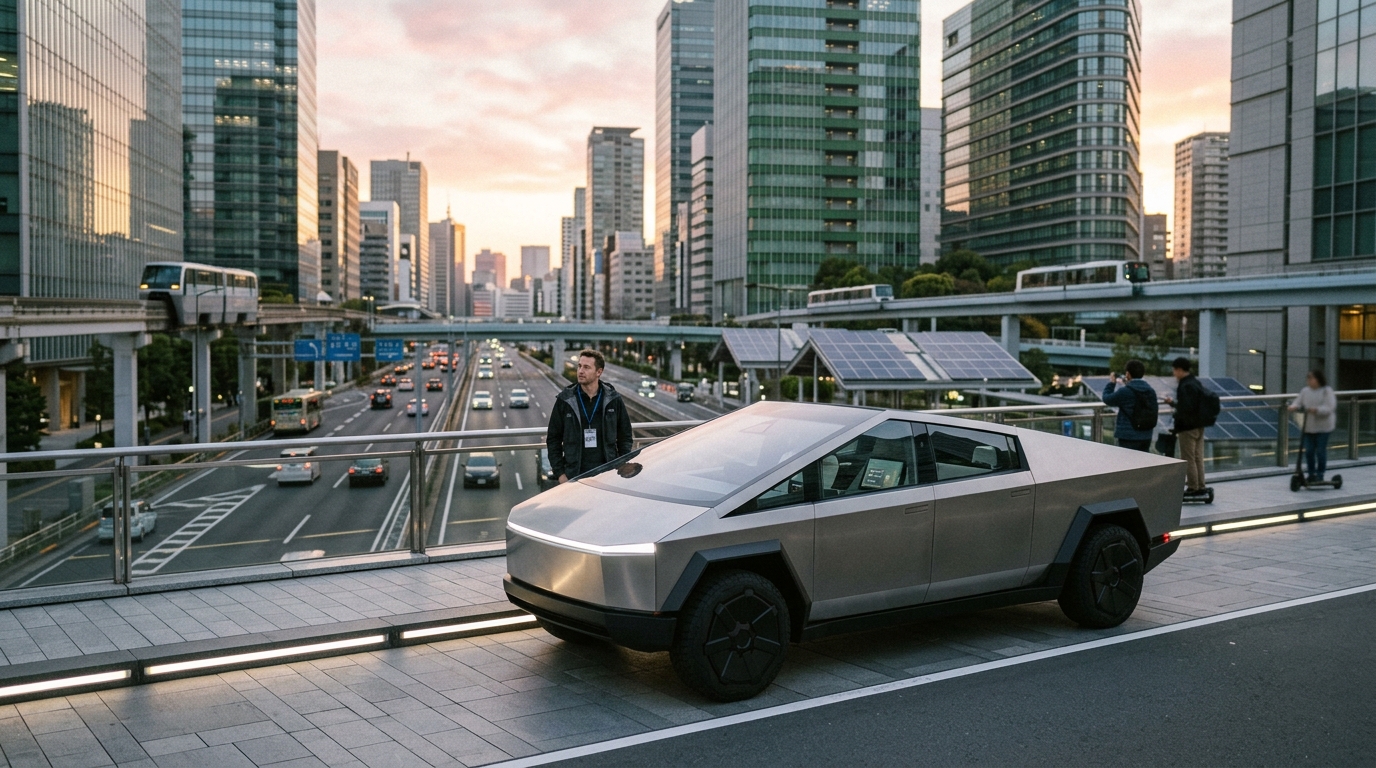 Φουτουριστικό Tesla robotaxi σε αυτόνομη οδήγηση σε δρόμο της πόλης.