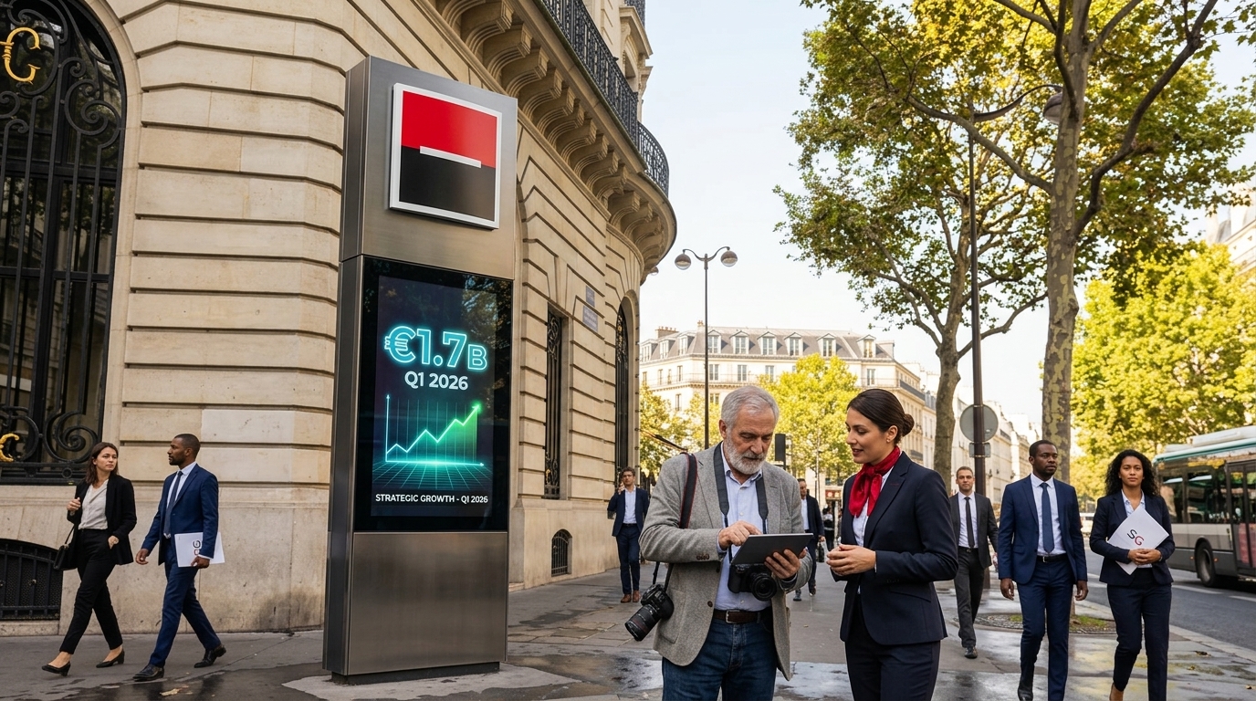 The Societe Generale logo on an office building in Paris.