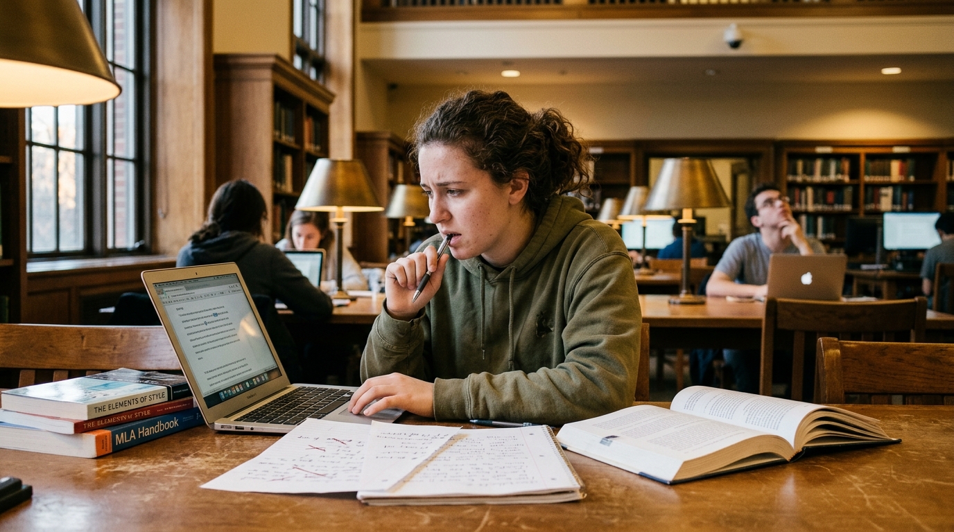 A student writing on a laptop concerned about AI detection algorithms.