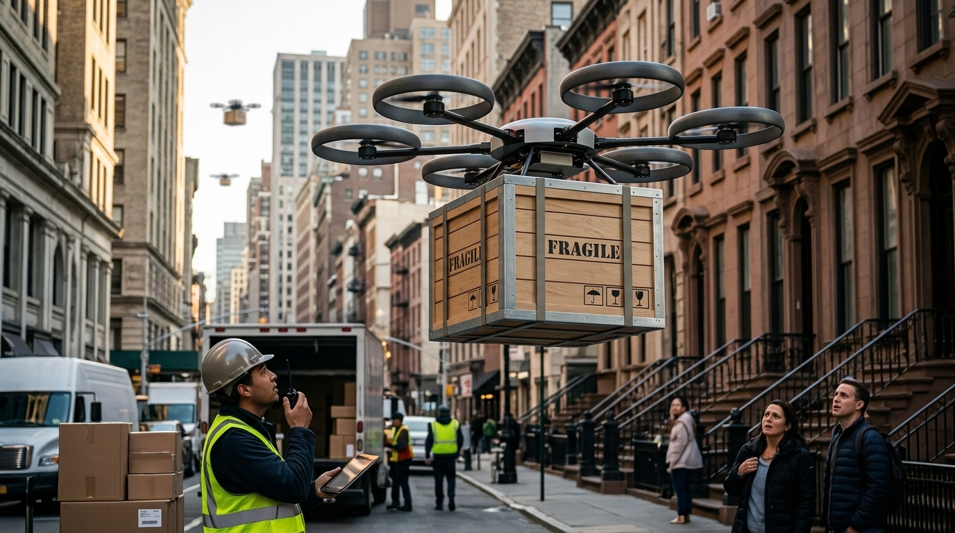 Delivery drone πετάει πάνω από το Μανχάταν στη Νέα Υόρκη μεταφέροντας ένα δέμα.