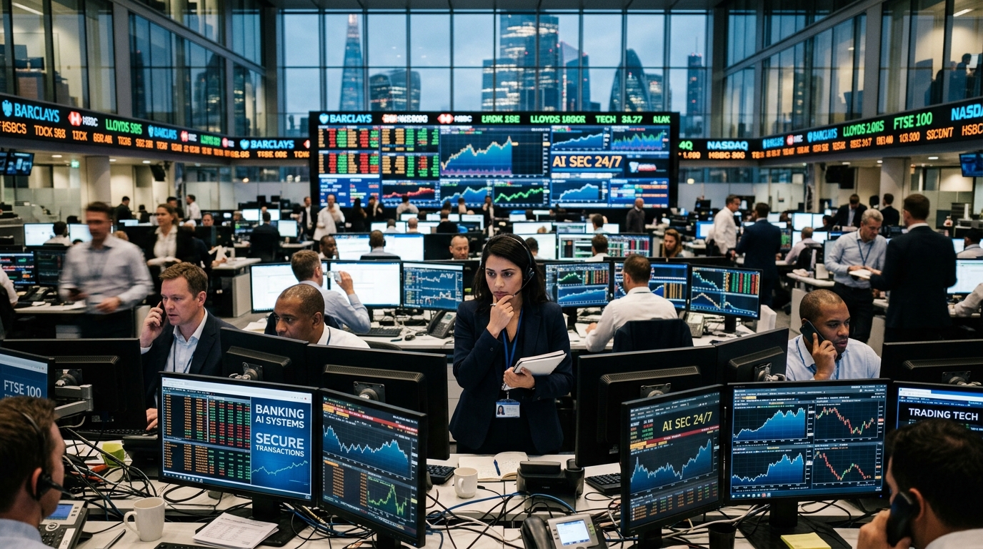 Digital representation of banking AI and cybersecurity protocols for financial stability.