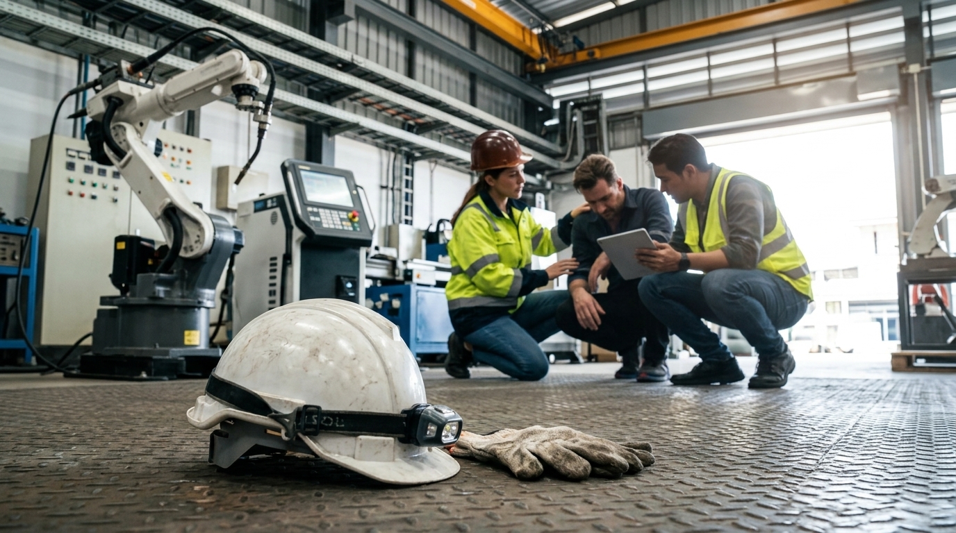 Worker in a digital environment representing occupational safety and artificial intelligence.