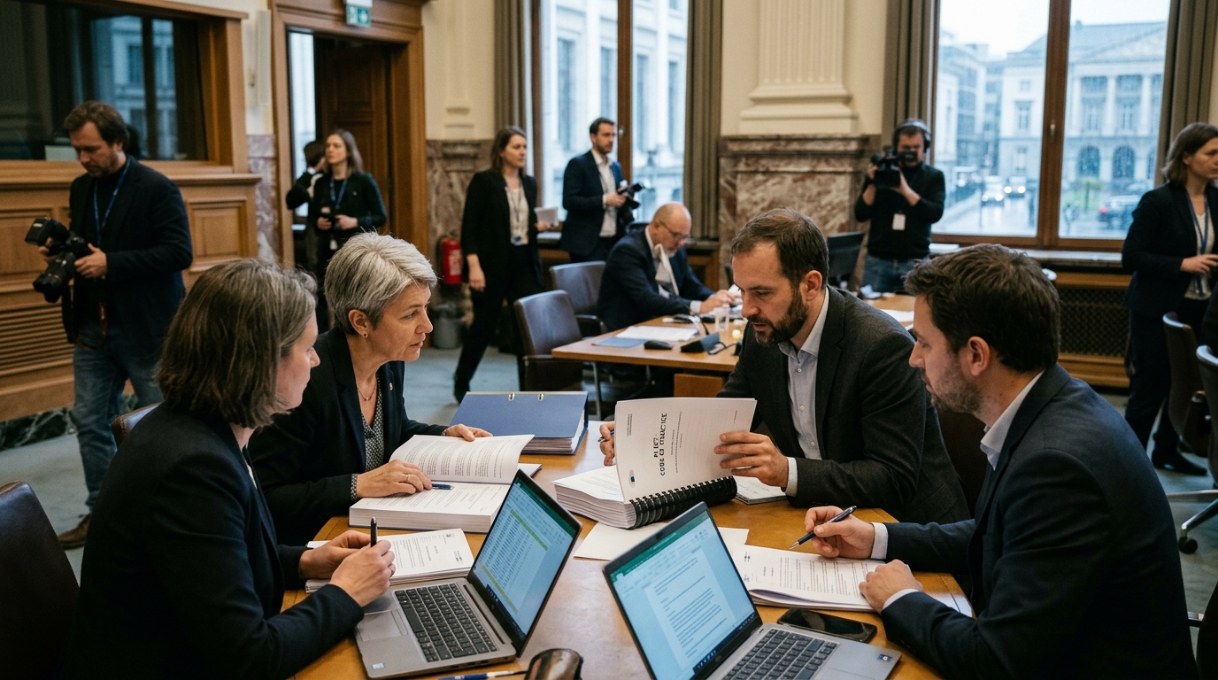 Ψηφιακή απεικόνιση της Πράξης για την ΤΝ και της ευρωπαϊκής σημαίας για τον Κώδικα Πρακτικής.